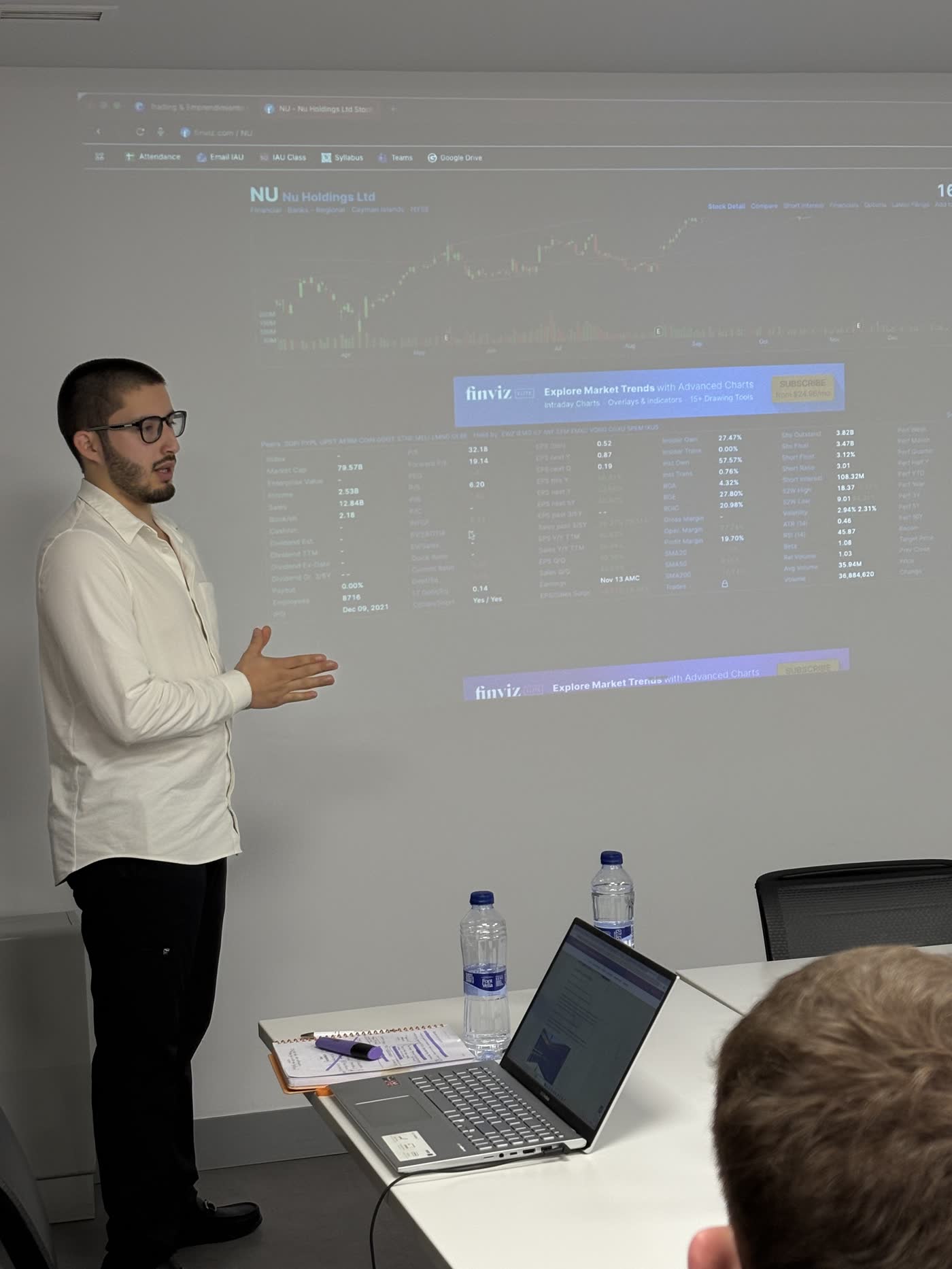 Daniel Martinez explaining market data on screen during a class at ECCEDU, 2026